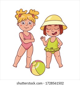  Doodle sketch girls in swimsuits with a ball. Simple flat illustration of children 