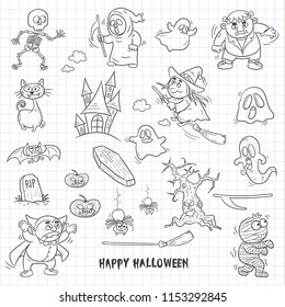 doodle sketch halloween character collection, vector