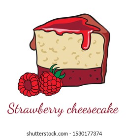  Doodle sketch, hand drawing a piece of raspberry cheesecake, illustration of sweets