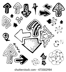 Doodle Sketch Hand Drawn Arrows Set. Black And White Elements For Your Design