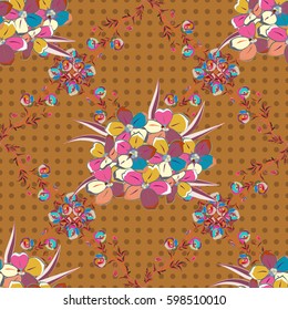 Doodle sketch, hand-drawn illustration. Vector seamless floral pattern with flowers, leaves, decorative elements, splash, blots and drop on a brown background. Hand drawn contour lines and strokes.