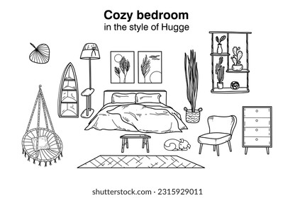 Doodle sketch hand  drawn room  Cozy bedroom in the style Hugge  Black   white linear image  Vector illustration