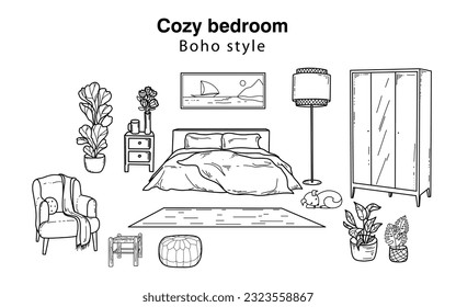 Doodle sketch hand  drawn room  Cozy bedroom in the style Hugge  Black   white linear image  Vector illustration