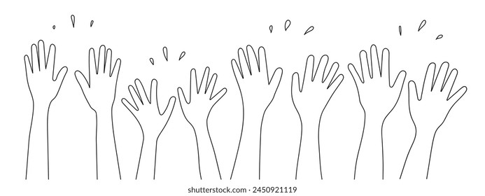 Doodle sketch hands up gestures comic icons silhouettes vector set. Group of line art fun comic hands in the air. Voting or happy congratulation audience recognition symbols.