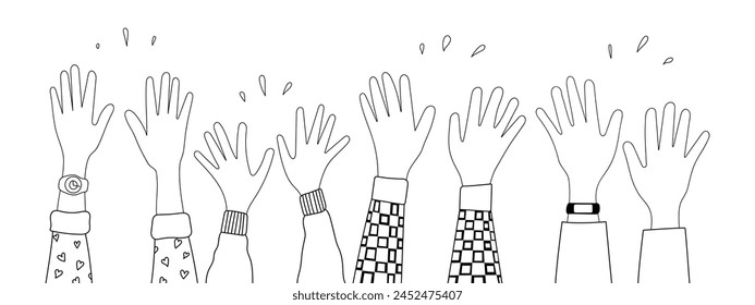 Doodle Sketch Hände up Gesten Comic Icons Silhouetten Vektorgrafik Set. Gruppe von Line Art Spaß Comic Hände in der Luft. Abstimmungs- oder Glückwunsch-Publikumserkennungssymbole.