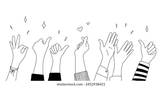 Doodle sketch hands up gestures comic icons silhouettes vector set. Group of line art fun comic hands in the air. Voting or happy congratulation audience recognition symbols.