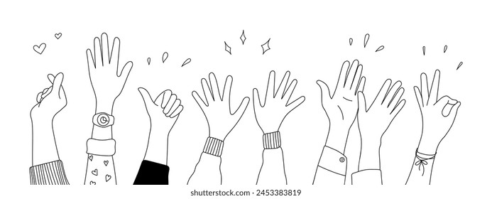 Doodle sketch hands up gestures comic icons silhouettes vector set. Group of line art fun comic hands in the air. Voting or happy congratulation audience recognition symbols.