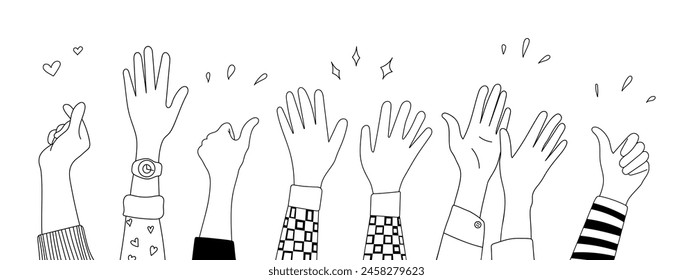 Doodle sketch hands up gestures comic icons silhouettes vector set. Group of line art fun comic hands in the air. Voting or happy congratulation audience recognition symbols.