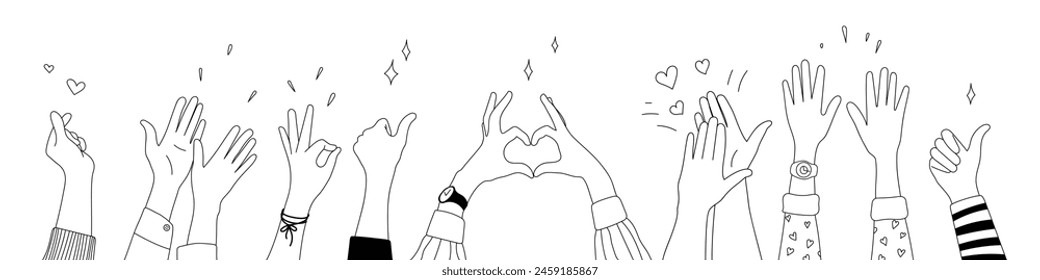 Doodle sketch hands up gestures comic icons silhouettes vector set. Group of line art fun comic hands in the air. Voting or happy congratulation audience recognition symbols.