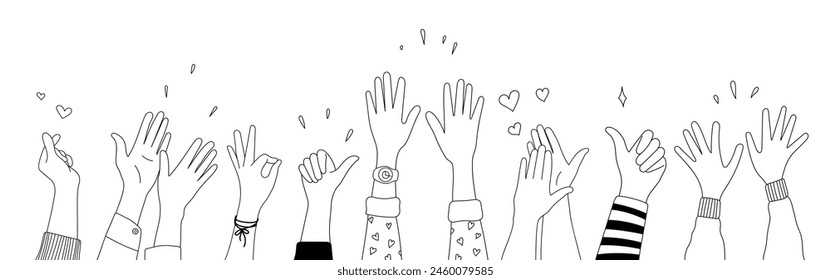 Doodle sketch hands up gestures comic icons silhouettes vector set. Group of line art fun comic hands in the air. Voting or happy congratulation audience recognition symbols.