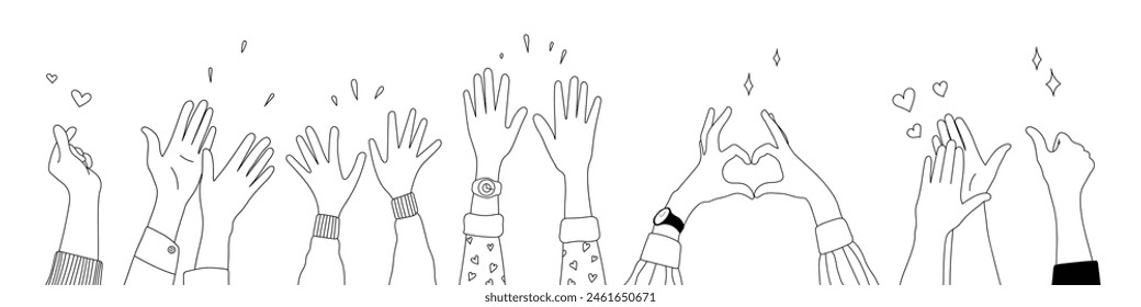 Doodle sketch hands up gestures comic icons silhouettes vector set. Group of line art fun comic hands in the air. Voting or happy congratulation audience recognition symbols.