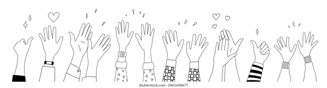 Doodle sketch hands up gestures comic icons silhouettes vector set. Group of line art fun comic hands in the air. Voting or happy congratulation audience recognition symbols.