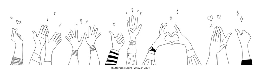 Doodle sketch hands up gestures comic icons silhouettes vector set. Group of line art fun comic hands in the air. Voting or happy congratulation audience recognition symbols.