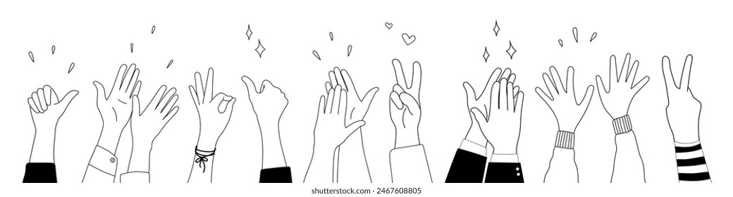 Doodle sketch hands up gestures comic icons silhouettes vector set. Group of line art fun comic hands in the air. Voting or happy congratulation audience recognition symbols.