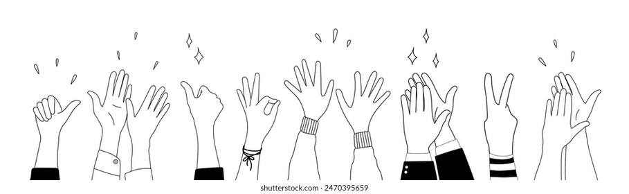 Doodle sketch hands up gestures comic icons silhouettes vector set. Group of line art fun comic hands in the air. Voting or happy congratulation audience recognition symbols.