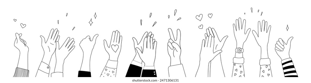 Doodle sketch hands up gestures comic icons silhouettes vector set. Group of line art fun comic hands in the air. Voting or happy congratulation audience recognition symbols.