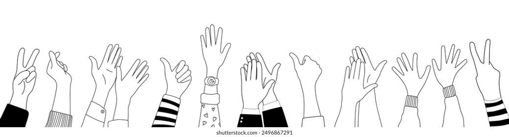 Doodle sketch hands up gestures comic icons silhouettes vector set. Group of line art fun comic hands in the air. Voting or happy congratulation audience recognition symbols.