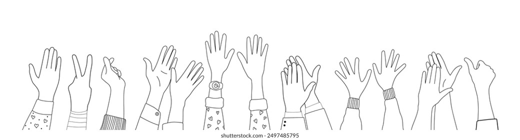 Doodle sketch hands up gestures comic icons silhouettes vector set. Group of line art fun comic hands in the air. Voting or happy congratulation audience recognition symbols.