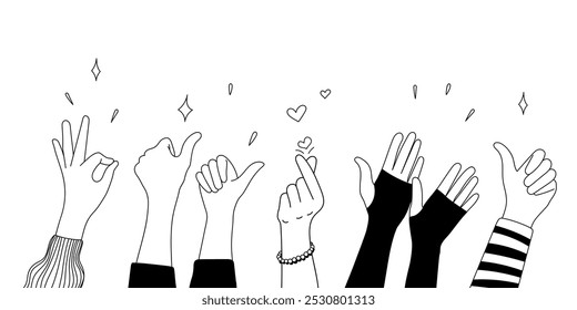 Doodle sketch hands up gestures comic icons silhouettes vector set. Group of line art fun comic hands in the air. Voting or happy congratulation audience recognition symbols.