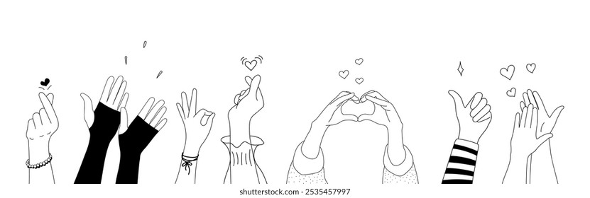 Doodle sketch hands up gestures comic icons silhouettes vector set. Group of line art fun comic hands in the air. Voting or happy congratulation audience recognition symbols.