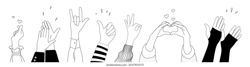 Doodle sketch hands up gestures comic icons silhouettes vector set. Group of line art fun comic hands in the air. Voting or happy congratulation audience recognition symbols.