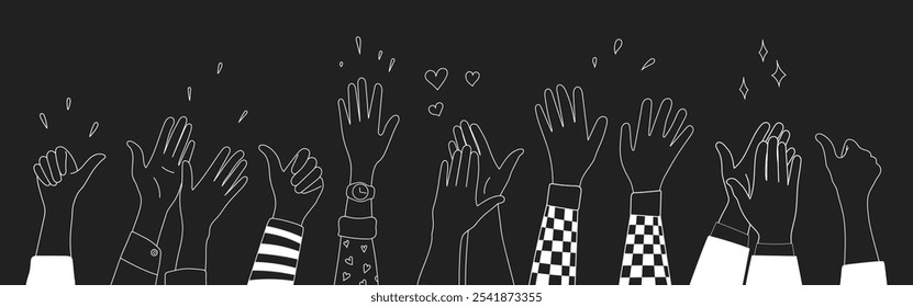 Doodle sketch hands up gestures comic icons silhouettes vector set. Group of line art fun comic hands in the air. Voting or happy congratulation audience recognition symbols.