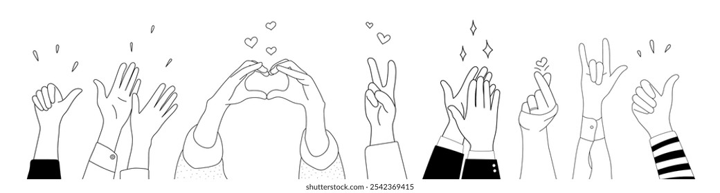 Doodle sketch hands up gestures comic icons silhouettes vector set. Group of line art fun comic hands in the air. Voting or happy congratulation audience recognition symbols.