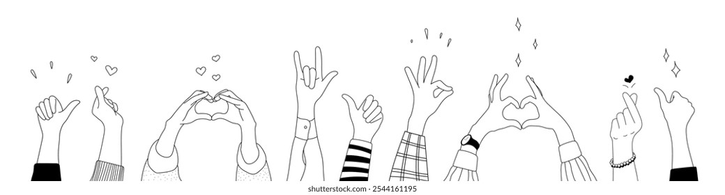 Doodle sketch hands up gestures comic icons silhouettes vector set. Group of line art fun comic hands in the air. Voting or happy congratulation audience recognition symbols.