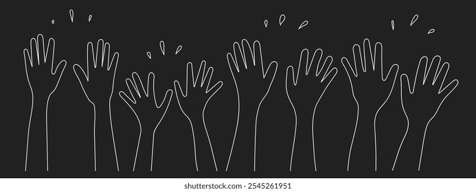 Doodle sketch hands up gestures comic icons silhouettes vector set. Group of line art fun comic hands in the air. Voting or happy congratulation audience recognition symbols.