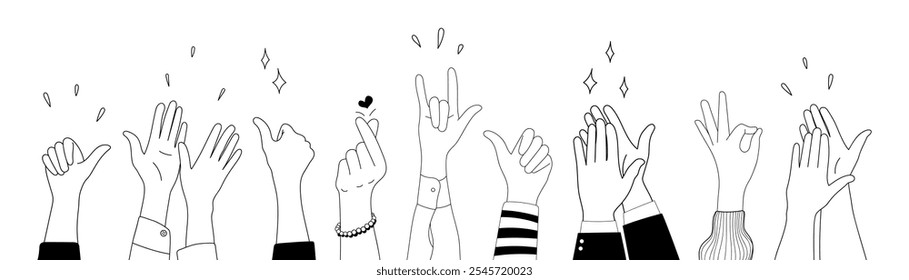 Doodle sketch hands up gestures comic icons silhouettes vector set. Group of line art fun comic hands in the air. Voting or happy congratulation audience recognition symbols.