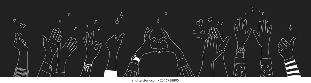 Doodle sketch hands up gestures comic icons silhouettes vector set. Group of line art fun comic hands in the air. Voting or happy congratulation audience recognition symbols.