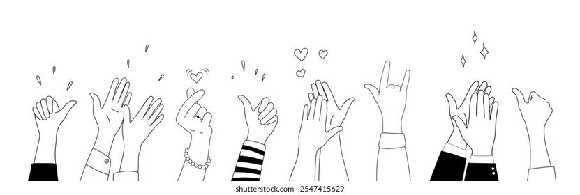 Doodle sketch hands up gestures comic icons silhouettes vector set. Group of line art fun comic hands in the air. Voting or happy congratulation audience recognition symbols.