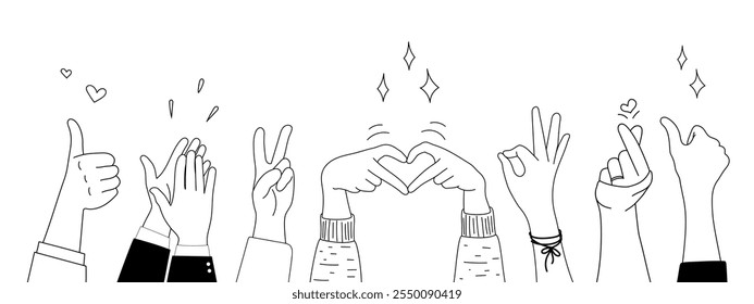 Doodle sketch hands up gestures comic icons silhouettes vector set. Group of line art fun comic hands in the air. Voting or happy congratulation audience recognition symbols.