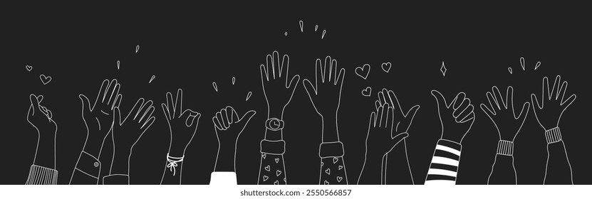 Doodle sketch hands up gestures comic icons silhouettes vector set. Group of line art fun comic hands in the air. Voting or happy congratulation audience recognition symbols.