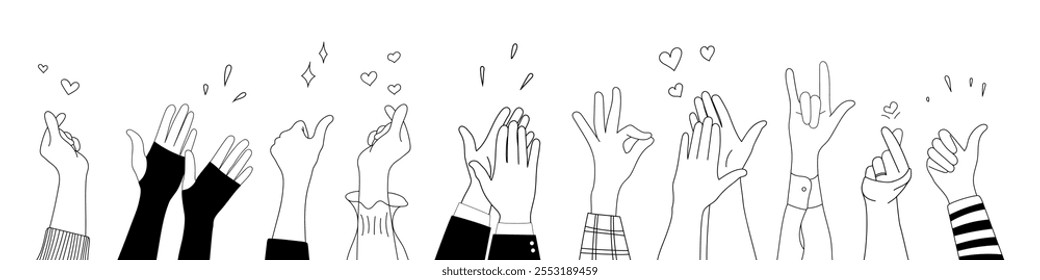 Doodle sketch hands up gestures comic icons silhouettes vector set. Group of line art fun comic hands in the air. Voting or happy congratulation audience recognition symbols.