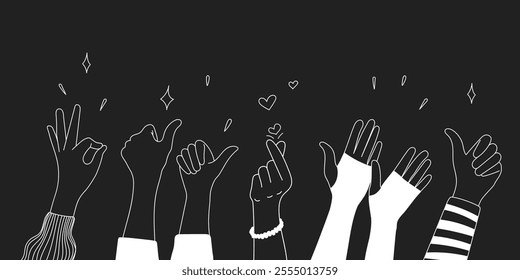 Doodle sketch hands up gestures comic icons silhouettes vector set. Group of line art fun comic hands in the air. Voting or happy congratulation audience recognition symbols.