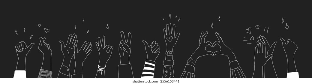 Doodle sketch hands up gestures comic icons silhouettes vector set. Group of line art fun comic hands in the air. Voting or happy congratulation audience recognition symbols.