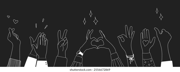 Doodle sketch hands up gestures comic icons silhouettes vector set. Group of line art fun comic hands in the air. Voting or happy congratulation audience recognition symbols.