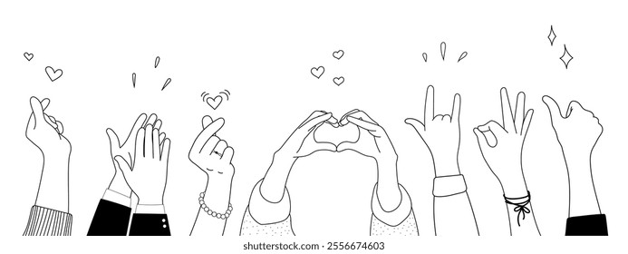 Doodle sketch hands up gestures comic icons silhouettes vector set. Group of line art fun comic hands in the air. Voting or happy congratulation audience recognition symbols.