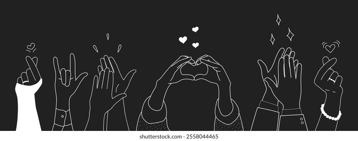 Doodle sketch hands up gestures comic icons silhouettes vector set. Group of line art fun comic hands in the air. Voting or happy congratulation audience recognition symbols.