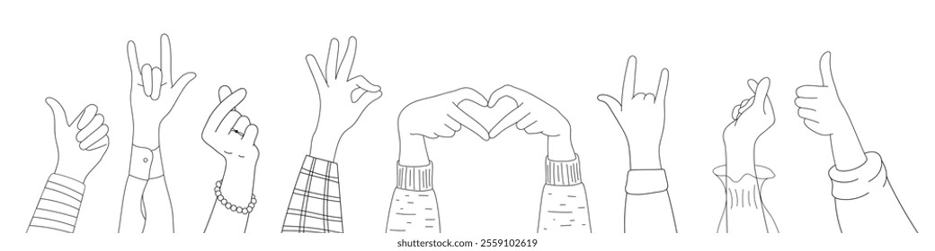 Doodle sketch hands up gestures comic icons silhouettes vector set. Group of line art fun comic hands in the air. Voting or happy congratulation audience recognition symbols.