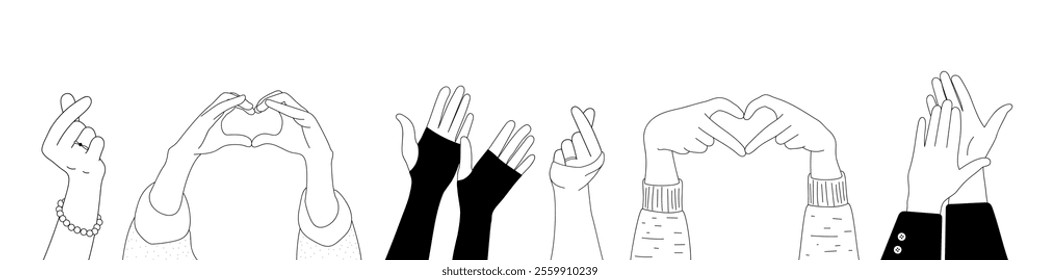 Doodle sketch hands up gestures comic icons silhouettes vector set. Group of line art fun comic hands in the air. Voting or happy congratulation audience recognition symbols.