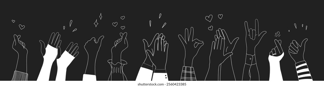 Doodle sketch hands up gestures comic icons silhouettes vector set. Group of line art fun comic hands in the air. Voting or happy congratulation audience recognition symbols.