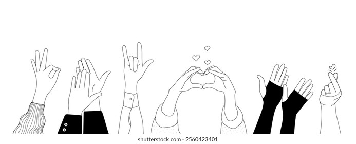 Doodle sketch hands up gestures comic icons silhouettes vector set. Group of line art fun comic hands in the air. Voting or happy congratulation audience recognition symbols.