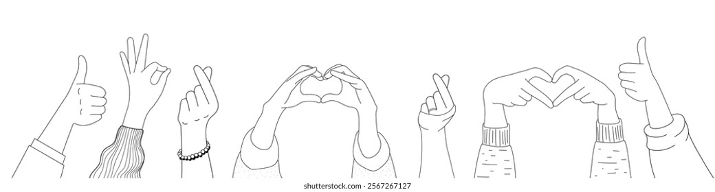 Doodle sketch hands up gestures comic icons silhouettes vector set. Group of line art fun comic hands in the air. Voting or happy congratulation audience recognition symbols.