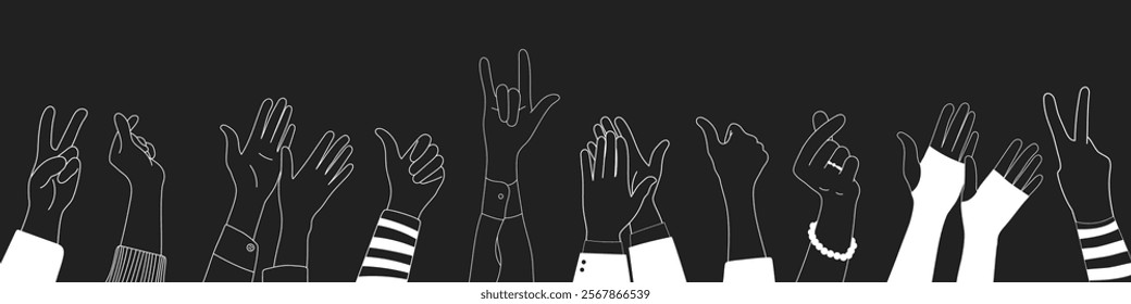 Doodle sketch hands up gestures comic icons silhouettes vector set. Group of line art fun comic hands in the air. Voting or happy congratulation audience recognition symbols.