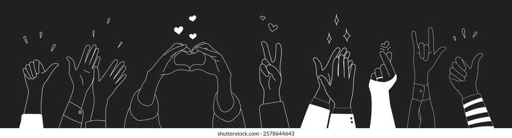 Doodle sketch hands up gestures comic icons silhouettes vector set. Group of line art fun comic hands in the air. Voting or happy congratulation audience recognition symbols.