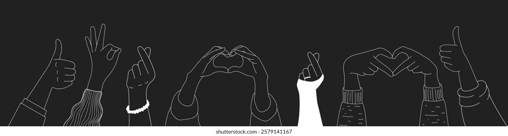 Doodle sketch hands up gestures comic icons silhouettes vector set. Group of line art fun comic hands in the air. Voting or happy congratulation audience recognition symbols.