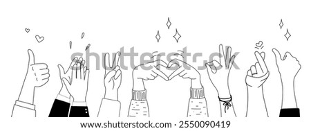 Doodle sketch hands up gestures comic icons silhouettes vector set. Group of line art fun comic hands in the air. Voting or happy congratulation audience recognition symbols.