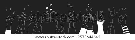 Doodle sketch hands up gestures comic icons silhouettes vector set. Group of line art fun comic hands in the air. Voting or happy congratulation audience recognition symbols.